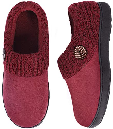 EverFoams Women's Microsuede Slippers Warm Comfy Memory Foam Indoor House Shoes with Knit Collar 6.5 UK Wine Red