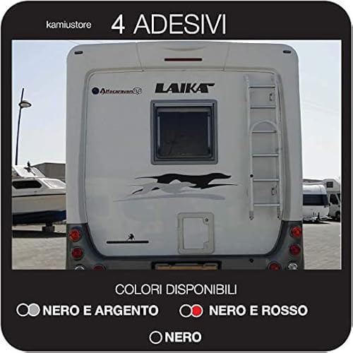 kamiustore Adesivo Laika MOD.Cani per Camper, roulotte, furgoni Van e Barche in Vinile per Esterni - 4 Adesivi 100x25cm (Nero/Grigio Chiaro)