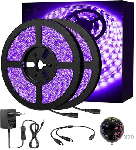 VANLUDA 10M UV Schwarzlicht Streifen Set, UV LED Strip 33ft UV Schwarzlicht LED Band, 600 Stück 2835-LEDs, 12V 2A Flexible Schwarzlicht Befestigungen für Dekorationsbeleuchtung Partybeleuchtung