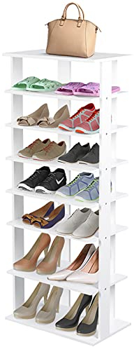 COSTWAY 8 stufiger Schuhständer höhenverstellbar, Platzsparendes Schuhregal aus Holz, Schuh-Organizer vertikal, Freistehender Eckregal für Eingang, Flur (Weiß, Doppel)
