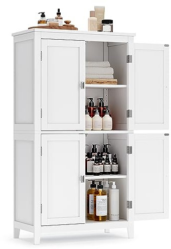 VASAGLE Bathroom Floor Storage Cabinet, Bathroom Storage Unit, Freestanding Cabinet with 4 Doors, Adjustable Shelves, 11.8 x 23.6 x 43.3 Inches, White UBBC552P31