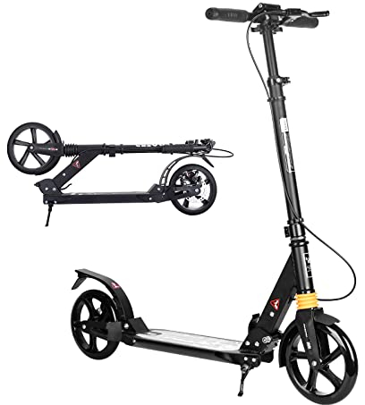 Bueuwe City Roller Kinder 10 Jahre, Cityroller Tretroller Erwachsene 150 kg Tragkraft, Big Wheel Scooter mit Stoßdämpfer, Klappbar Höhenverstellbar Kickboard, Scheibenbremsen, ABEC 9,Schwarz
