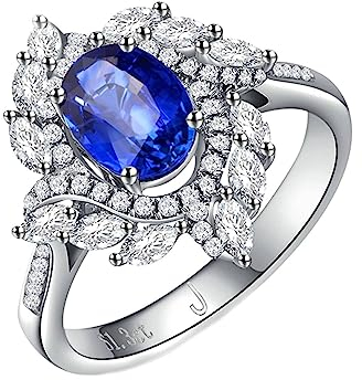 Saphir Ring Weißgold, Ringe Verlobung 18 Karat (750) 1.3Ct Blau Ovale Form 0.825Ct Diamant Gh Größe 60 (19.1)