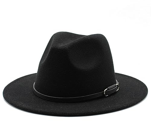 Women Classic Felt Fedora Hat Wide Brim Wool Panama Hat Jazz Cap with Belt Buckle (Black 56-58cm)