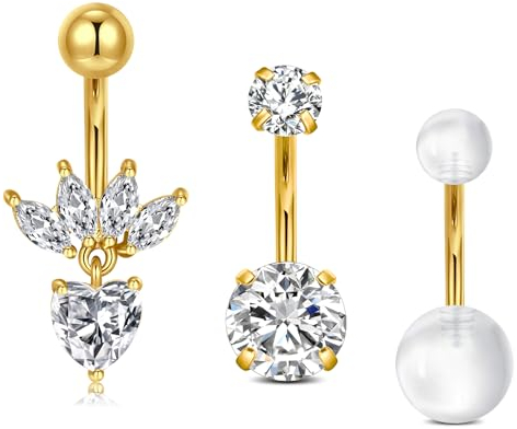 NIUSIMAN 3PCS 14G Piercing Nombril,barres de nombril,piercing nombril acier chirurgical en or Zironic cube barres de nombril barres incurvées poinçon Piercing bijoux pour femmes filles 10mm