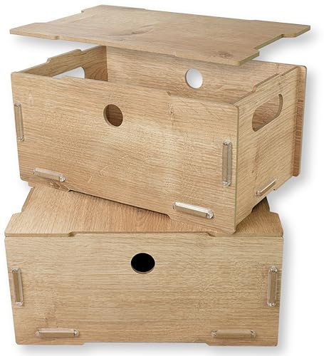 clipfritz - Lot de 2 Caisse avec couvercle 29x19x14cm (Coffre en bois MDF empilable) - Caisses de rangement - Bac de rangement pour livres, jouets, chambre d'enfant, bureau pour trier et ranger
