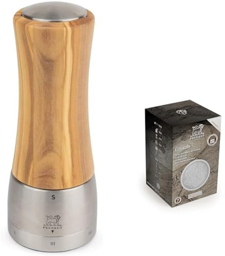 Peugeot - Madras u'Select Manual Salt Mill - Adjustable Grinder - Stainless Steel & Olive Wood, Natural, 16 cm + Peugeot Saveurs 42721 Salt, Wood