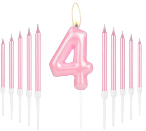 Happy 4th Birthday Pink Long Stick Number 4 Candles for Cake Toppers - Girls Baby Party & Wedding Decorations