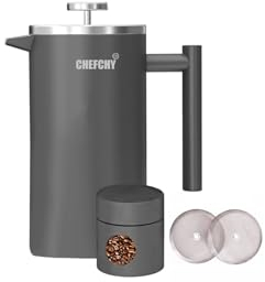 CHEFCHY Caffettiera a stampa francese, a doppia parete, in acciaio inossidabile 304, 1 l, antiruggine, lavabile in lavastoviglie, 2 filtri e contenitore per caffè in omaggio, grigio opaco