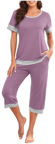 AMhomely 2-teiliges Loungewear-Set für Damen, Frühlingshose, kurze Ärmel, T-Shirts, Hosen, Trainingsanzüge, Rundhalsausschnitt, Freizeit-Set, Pyjama, Anzüge, solide Sommer-Homewear, 01 lila, L