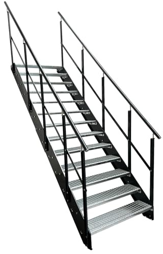 Kaminbau Mierzwa Premium Stahl Treppe mit beidseitigem Geländer/Wangen und Geländer Anthrazit RAL 7016/13 Stufen verzinkt (Breite 800 mm) (Höhe 247 cm) Wetterfest Gitterroststufe Gartentreppe