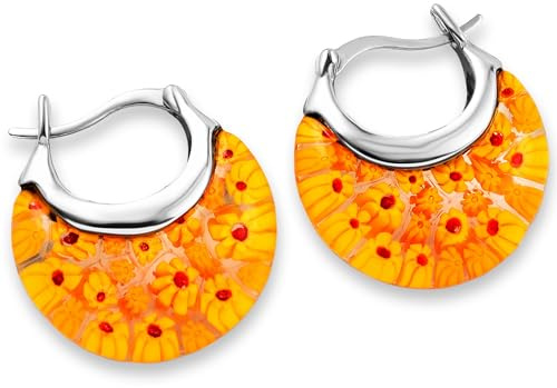 TJC Millefiori Pendientes de aro de acero inoxidable para mujer con forma de margarita, regalo de moda para madre, esposa, novia, talla única, Acero inoxidable, cristal