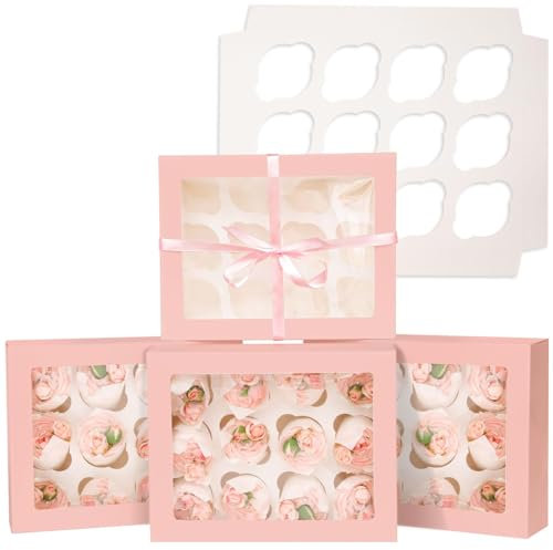 Gcardist Auto-pop Up 12 Cupcake Boxes with Window Pink 12 Packs Cupcake Box 33x25.4x9cm Bakery Boxes For Cupcakes Carrier, Cupcake Containers (13x10x3.5 inch)