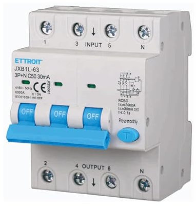 ETTROIT INTERRUTTORE MAGNETOTERMICO DIFFERENZIALE SALVAVITA PER BARRA DIN 4 MODULI 3P+N 380V 30mA 6KA (50A)