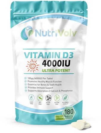 Vitamin D 4000IU | 6 Months Supply | 180 Easy-Swallow Vitamin D3 Tablets | Vegetarian | High Strength | Immune & Bone Support Supplement | General Health & Wellbeing | 100µg