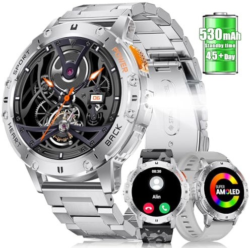 FOXBOX Smart Watch for Men, 1.43’’ AMOLED Smartwatch with Flashlight Answer/Make Calls, 110+ Sports Modes Fitness Tracker, Blood Pressure/Calorie/Heart Rate/Sleep Monitor for Android iOS Silver