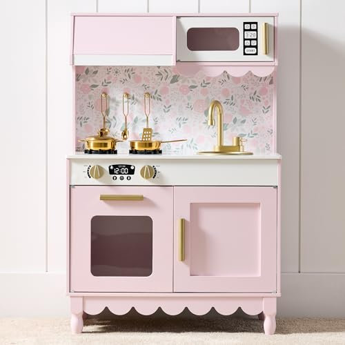 Best Choice Products Toddler Kitchen Playset, Wooden Cottage Kids Play Kitchen with 5 Accessories, Toy Storage, Scalloped Edge, and Pretend Play Microwave, Oven, Clicking Knobs - Pink