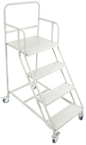 Escalera de 4 peldaños con ruedas, escalera de acero con pasamanos y bloqueo de seguridad de frenos, antideslizante, capacidad de carga de 400 kg