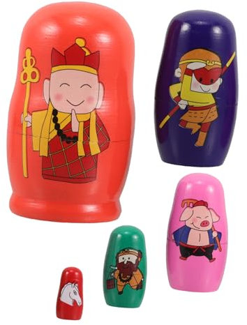 Alasum 5-layer Wooden Russian Nesting Dolls Set Wukong Seng Pigsy Design Educational Toy for Kids Holiday