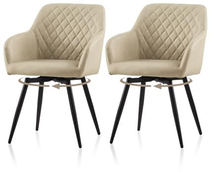 TUKAILAI Esszimmerstühle Drehbar 2er Set Kunstleder, Drehstuhl Esszimmer mit Armlehnen Rückenlehne Metallbeine,Küchenstuhl Polsterstuhl Armlehnenstuhl für Wohnzimmer Küche Schlafzimmer, Beige