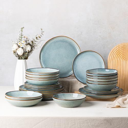 GBhome Steingut Geschirrset 6 Personen, 24-tlg Reaktive Glasur Handarbeit Geschirr Set, Mikrowellen- & Spülmaschinenfest Schüssel- und Teller Set