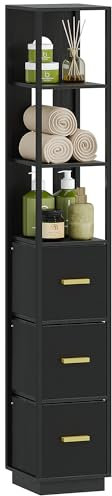 Hzuaneri Meuble de Salle de Bain, Colonne de Rangement Salle de Bain, Commode à 3 Tiroirs, 3 Compartiments Ouverts, 28 x 28 x 169,5 cm Noir BC17404B