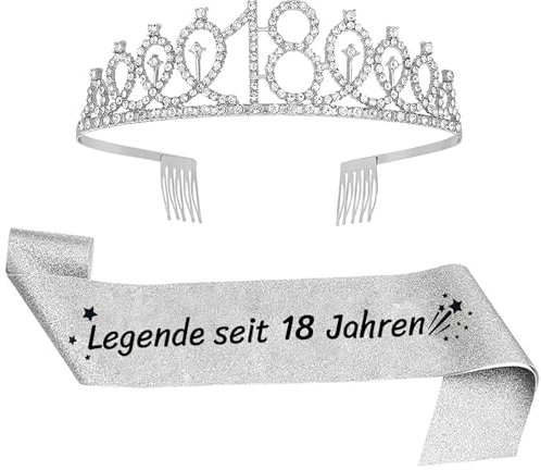 2er Set 18. Geburtstag Schärpe und Tiara Silber Geburtstag Schärpe Geburtstag Krone 18 Geburtstagskrone Prinzessin Kristall Krone Schärpe für Frauen 18. Geburtstag Geschenke Partyzubehör