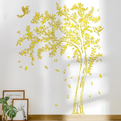 Large Tree Wall Decal - Gold Tree Wall Decals, Peel and Stick Trees Leaves Wall Stickers Foil Stamping Birds Leaf Walls Decor for Classroom Living Room Bedroom Nursery (Gold, 11.8 * 23.6inch)