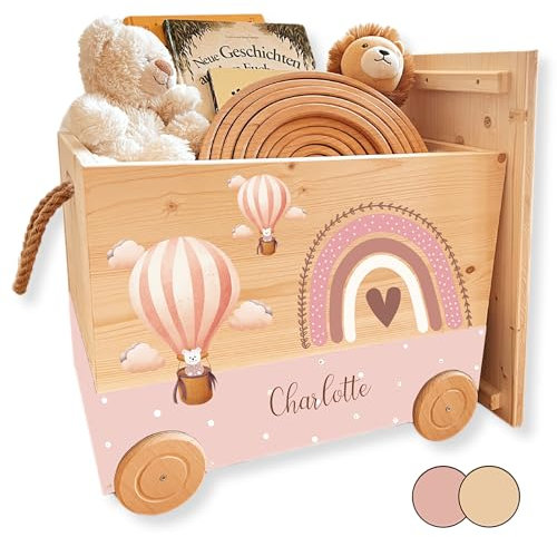 EmiliaLotte Personalisierte Spielzeugkiste mit Deckel aus Holz I Montessori Spielzeug Holzkiste mit Rollen zum Ziehen I Erinnerungskiste mit Wunschname - Fantasy Rosa