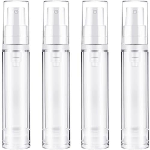 4 Pcs Airless Pump Bottles - Refillable Travel Bottles - Clear Pump Containers for DIY Foundation, Gel, Lotion, Moisturizer, Essence, Shampoo & Toiletries (10ml)
