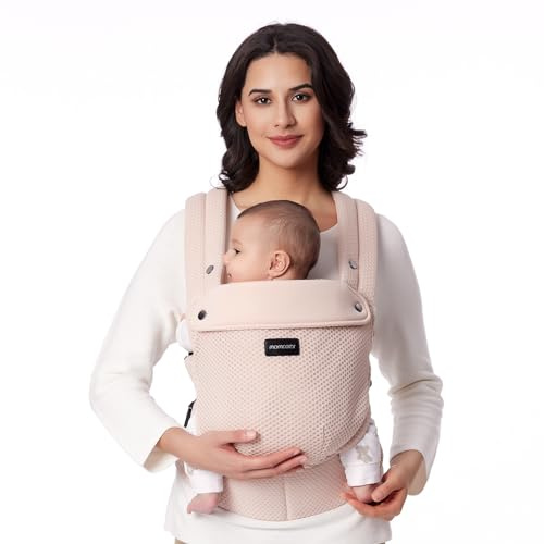 Momcozy Netz-Babytrage ab Geburt, Rosa | 100% Polyester, Atmungsaktiv & Sommerfest, Ergonomische M-Position, X-Rücken & EVA-Lendenstütze, 3,2–20 kg, 0–24 M, Waschbar