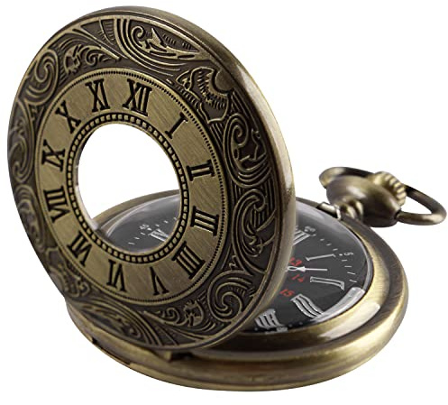 YHNNH, Vintage Roman Number Quartz Steampunk Pocket Watch with Chain for Men Birthday (Bronze)