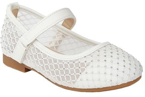 Girls Ivory Mesh Mary Jane Flats Studded Ballet Pumps Hook-and-Loop Strap Shoes Size UK Youth 1.5