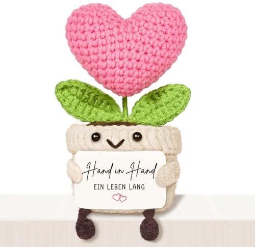 Giftasy Hochzeitsgeschenk - Handgemachte gehäkelte Herzblume mit Energiekarte, Jahrestag Hochzeitstag Verlobung Geschenke für ihn sie, Geschenke für Freundin Freund Brautpaar Ehefrau Ehemann Paar