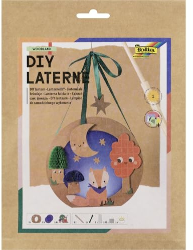 folia 94402 - DIY Laterne WOODLAND, ca. 19 x 17,5 x 6 cm - Laternen Bastelset gestaltbar als Bär oder Fuchs im Wald bei Nacht, inkl. LED Licht, 2 Batterien und Klebepad