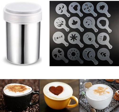 1 Stück Kakaostreuer Edelstahl mit 16 Teile/satz Kaffee Schablone Druckformen, Mehlstreuer mit Deckel Puderzuckerstreuer für Cappuccino, Kakaopulver Streuer für Heiße Schokolade Brotdekoration