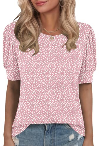 WNEEDU Top Donna Elegante Estivo Magliette Manica Corta A Sbuffo T Shirt Collo Rotondo Camicia Casual Blusa Fantasia Rosa L