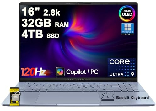 ASUS Vivobook S16 AI PC Laptop 16 2.8k OLED 120Hz (600nits, 100% DCI-P3) Intel 16-core Ultra 9 285H 32GB DDR5 4TB SSD Backlit for Designer Creator Business Professional Win11Pro ICP Hub/Copilot+ AI