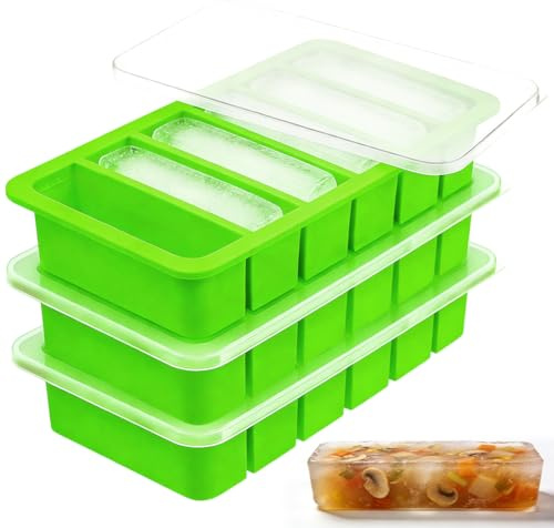 3 Stück Silikon Gefrierform mit Deckel & 6 Felder, BPA-Freie, Grün | Suppe Einfrieren Behälter, Leicht Entnehmbare, Stapelbare Groß Eiswürfelform für Eiswürfel, Brühe, Sauce & Fruchtpürees