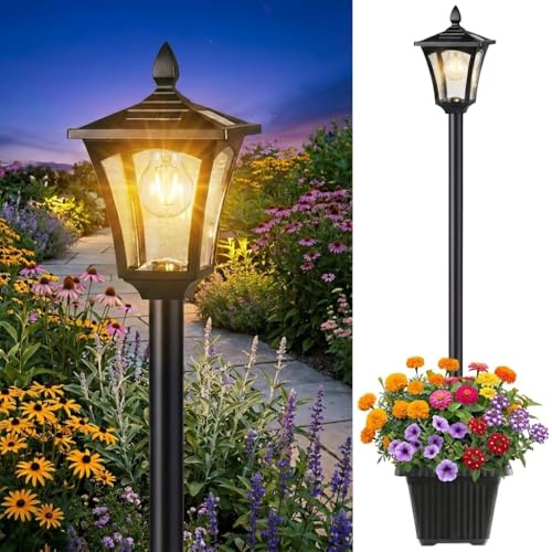 Benany Lampione solare da 193 cm, con fioriera, vetro e metallo, impermeabile, 60 lumen, luce solare per giardino, cortile, vialetto, portico, patio, luce bianca calda