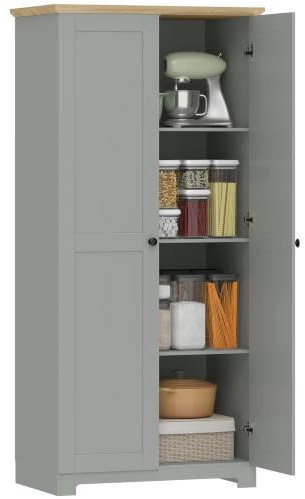 HOMCOM 172cm Kitchen Cupboard Freestanding Storage Cabinet 2-Door Grey | With Doors and Shelves, 2-Door, Modern Kitchen Pantry Cupboard, for Dining Room