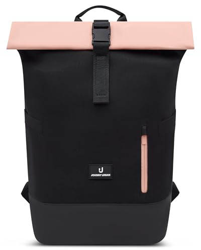 Johnny Urban Rolltop Rucksack Damen & Herren Schwarz Rosa - Luca Medium | Großer Tagesrucksack mit Laptopfach für Arbeit Uni Schule Reise, 17 l, Wasserabweisend