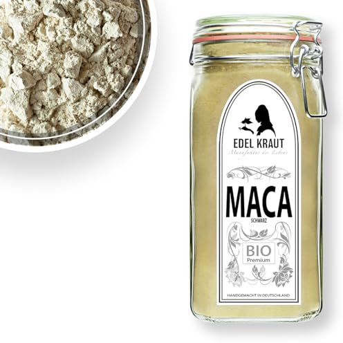 Maca Pulver BIO MACA SCHWARZ 750g im Premium Glas | EDEL KRAUT - 100% reines Schwarzes Maca Pulver Bio aus Peru - Bio Maca Pulver für Maca Cafe - black maca coffee