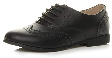 Ajvani Womens Ladies Flat Low Heel lace up Smart Vintage Oxford Shoes Brogues, Black Matte, 7 UK