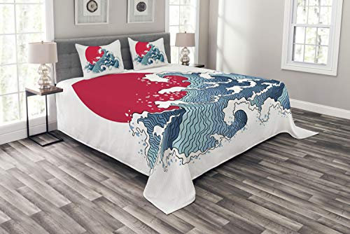 ABAKUHAUS japanisch Tagesdecke Set, Wave-Illustration, Set mit Kissenbezügen Waschbar, für Doppelbetten 220 x 220 cm, Weiß Rot