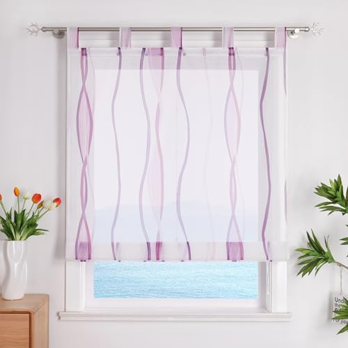 ESLIR Raffrollo mit Schlaufen Gardinen Küche Raffgardinen Transparent Schlaufenrollo Vorhänge Mit Wellen-Druck Modern Voile Violett BxH 80x140cm 1 Stück