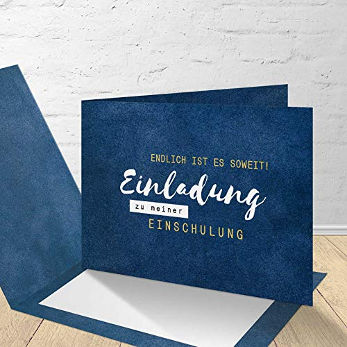 8 Einladungskarten für die Einschulung mit passenden Umschlägen, Einladungskarten zur Einschulung im Set zu 8 Stk. blauer Samt Design