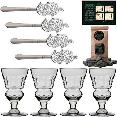 Absinth Zubehör Set von ALANDIA | 4X Mundgeblasene Gläser mit Reservoir | 4X Löffel aus Edelstahl | 1x Zuckerwürfel