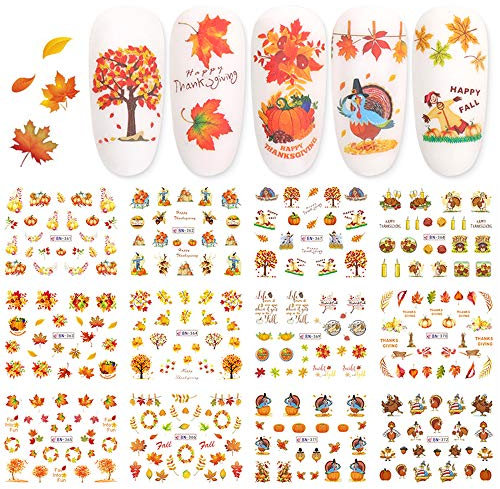 Fall Nail Stickers Autumn Maple Leaf Nail Art Decals Thanksgiving Day Water Decal Transfer Slider Set Turkey Pumpkin Nail Art Foil Stickers Nail Supplies Accessories Decoration Manicure Tips 12 Design