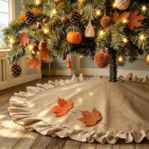 120cm Weihnachtsbaum Decke Jute, Tannenbaum Decke mit Rüschen, Rustikal Sackleinen Weihnachtsbaum Rock, Christbaumdecke für Winter Herbst Party Thanksgiving Neujahr Holiday Weihnachtsdekoration